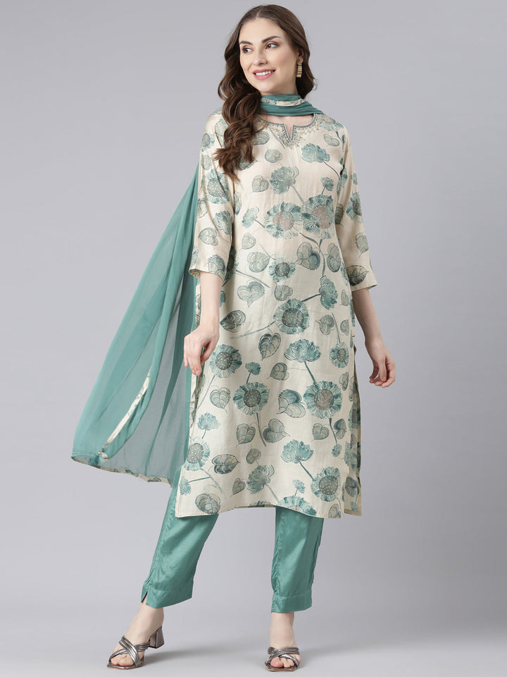 Neerus Green muslin printed floral suit set - detail view 3