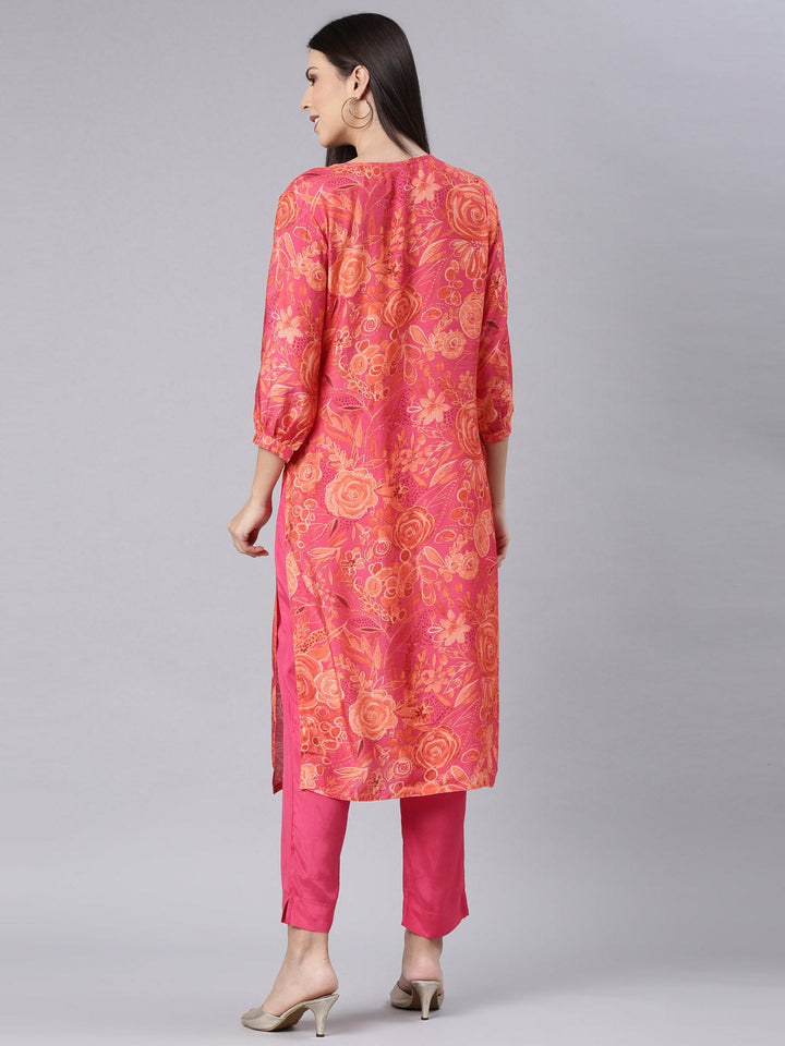 Neerus Red muslin printed kurta set - detail view 1