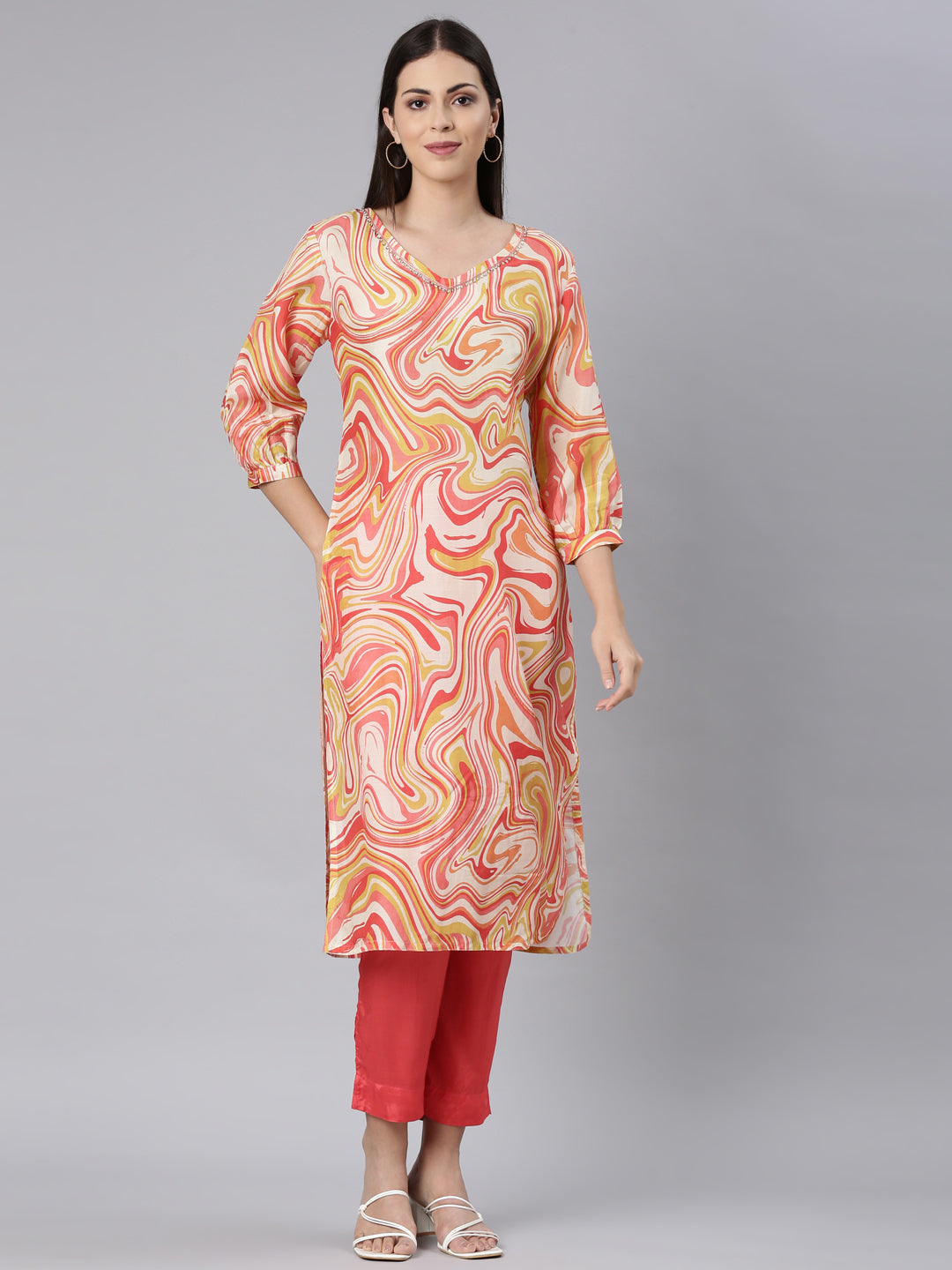 Neerus White muslin straight kurta set - front view
