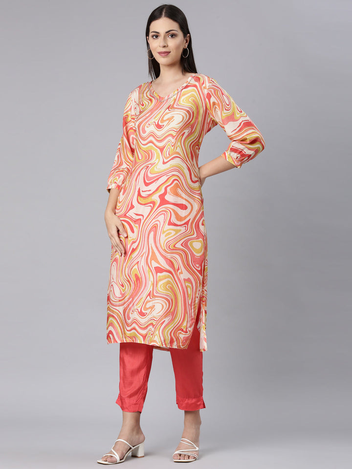 Neerus White muslin straight kurta set - back view