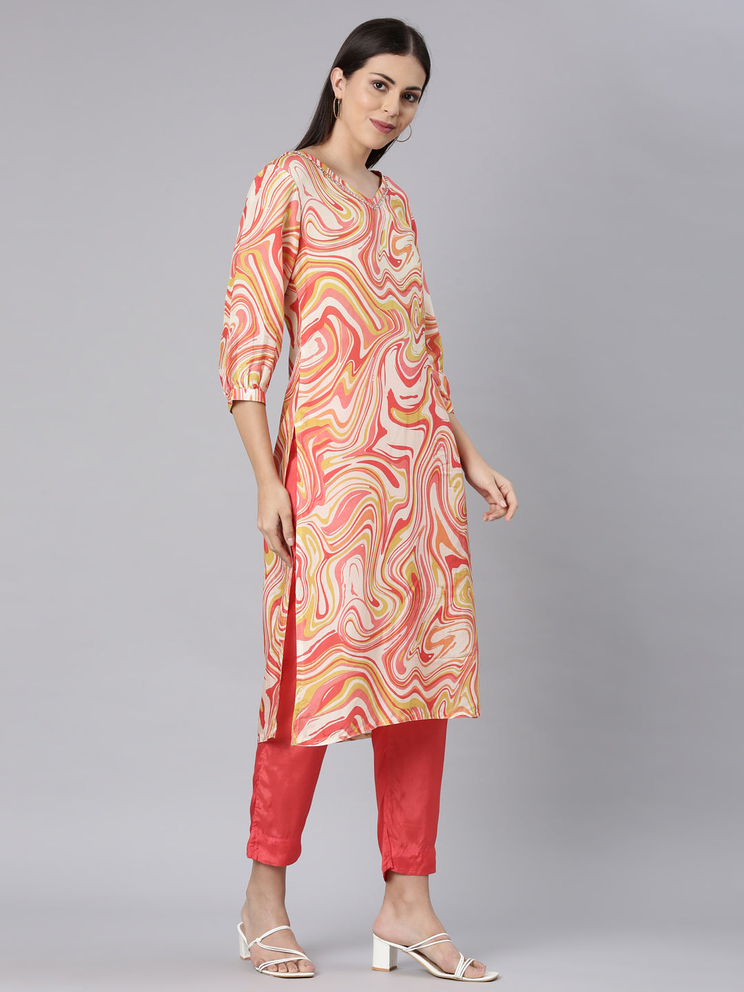 Neerus White muslin straight kurta set - side view