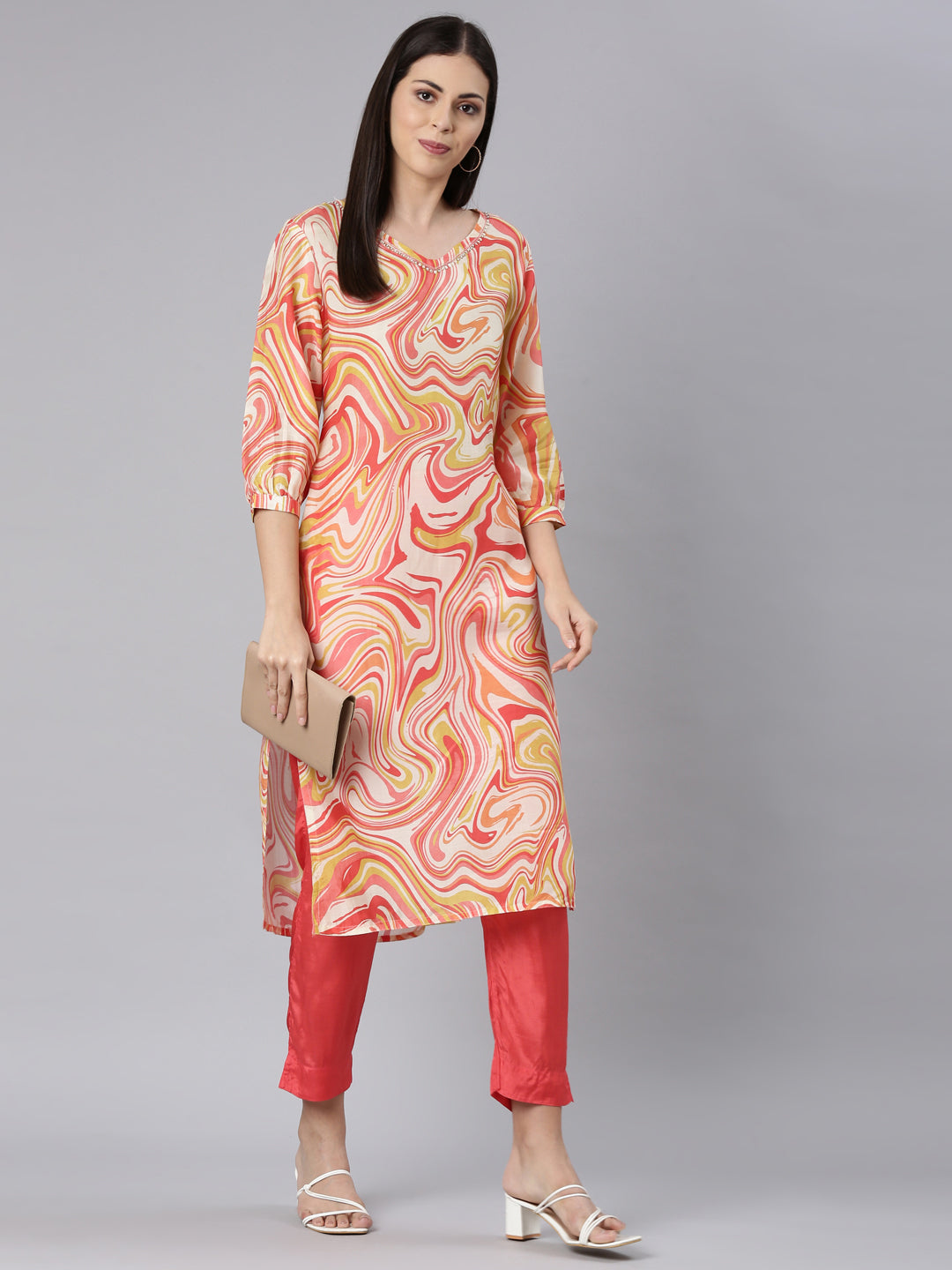 Neerus White muslin straight kurta set - detail view 3