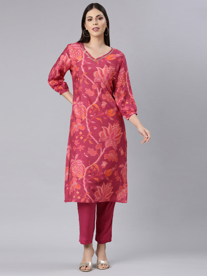 Neerus Pink muslin printed kurta set with trouser - front view