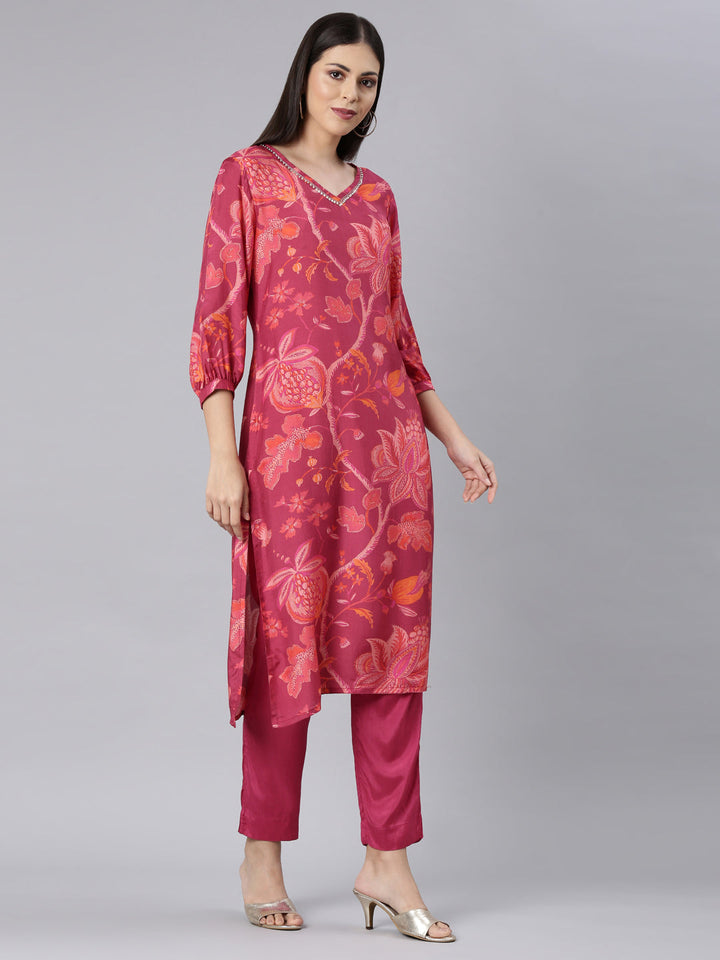 Neerus Pink muslin printed kurta set with trouser - side view