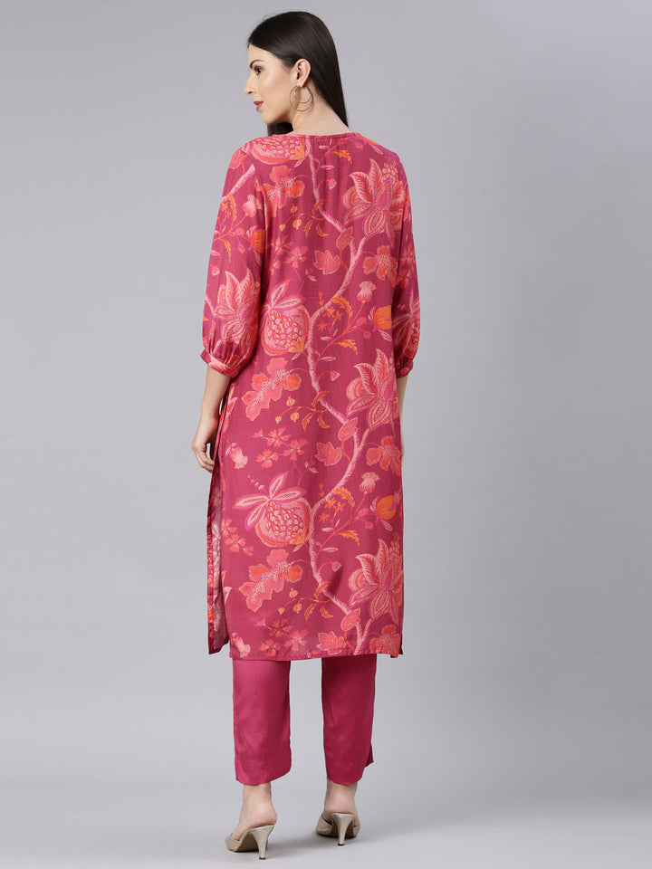 Neerus Pink muslin printed kurta set with trouser - detail view 1
