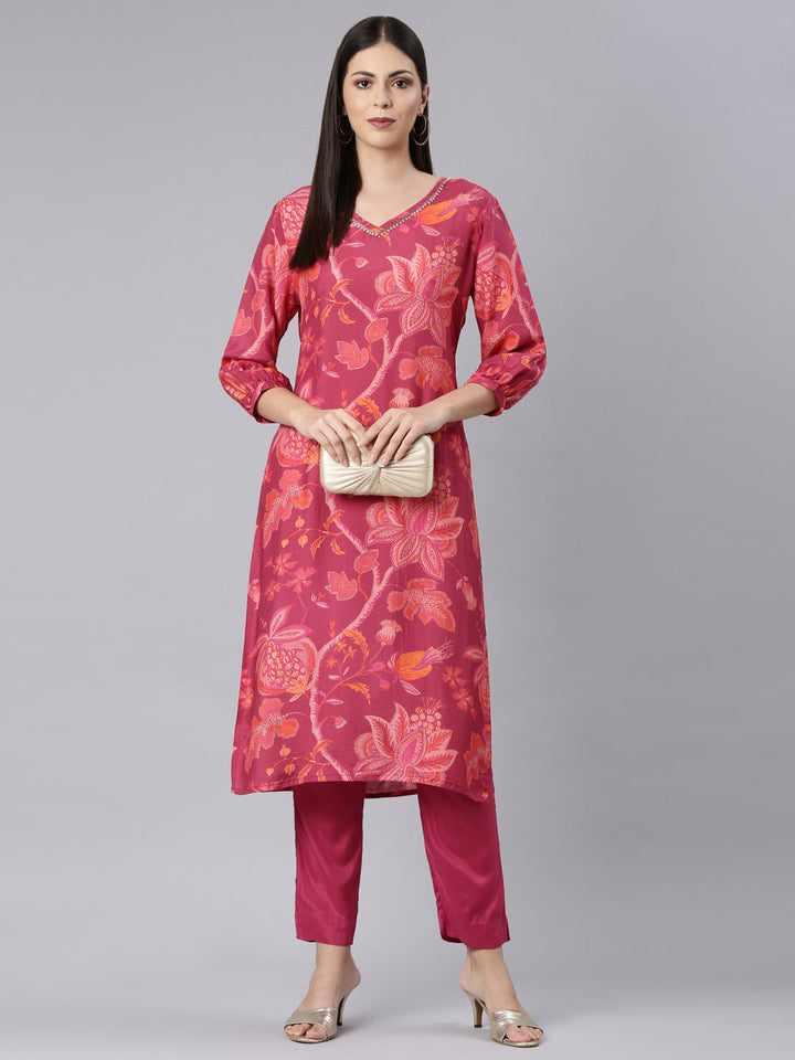 Neerus Pink muslin printed kurta set with trouser - detail view 3