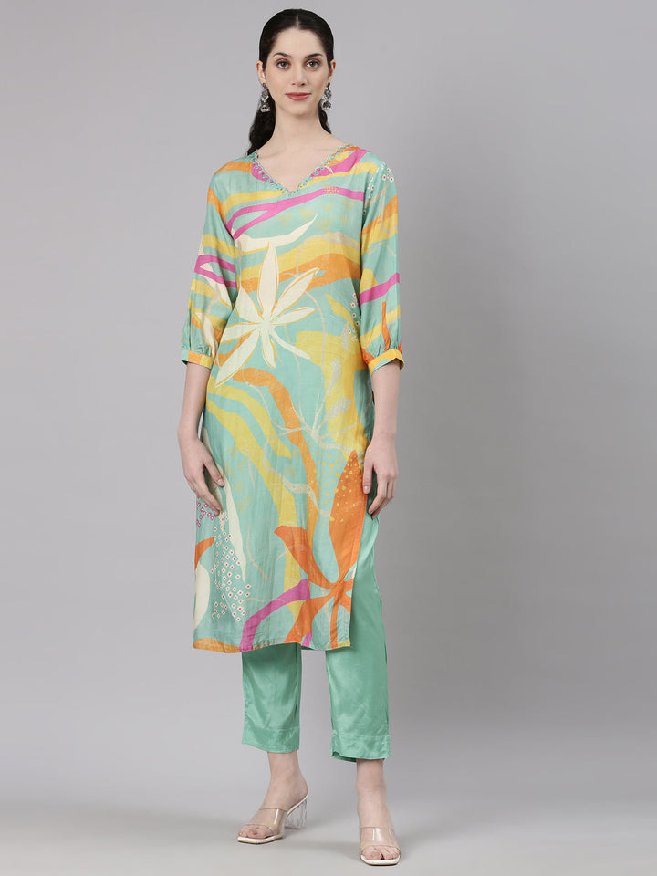Neerus Blue muslin printed kurta set - front view