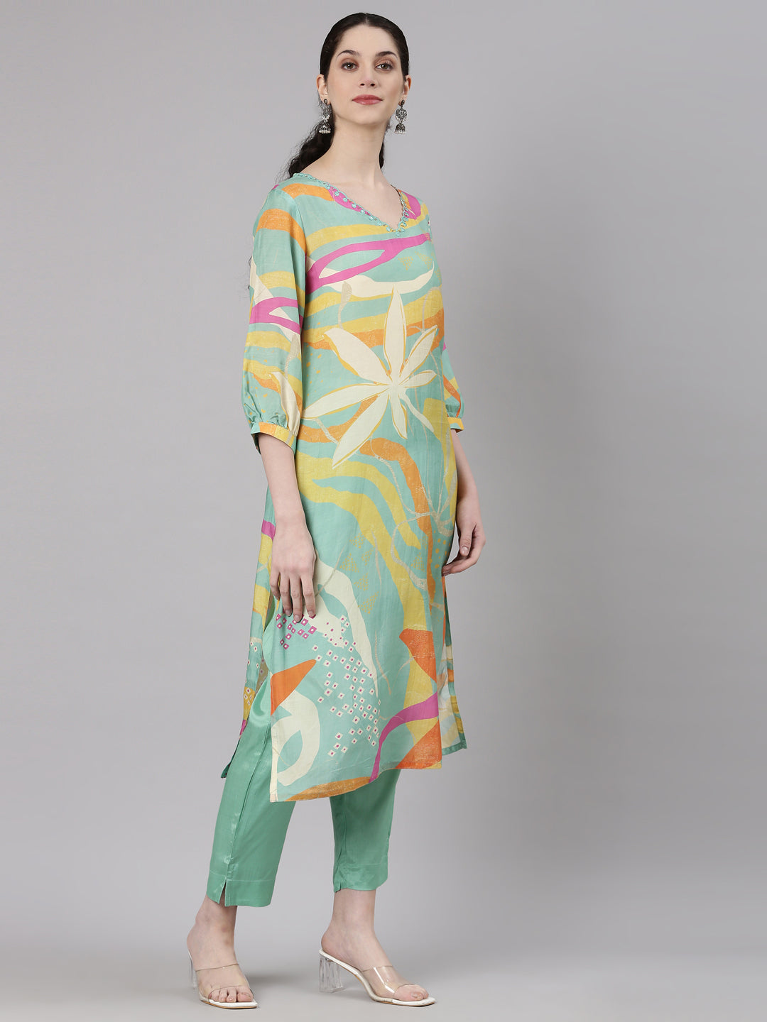 Neerus Blue muslin printed kurta set - side view