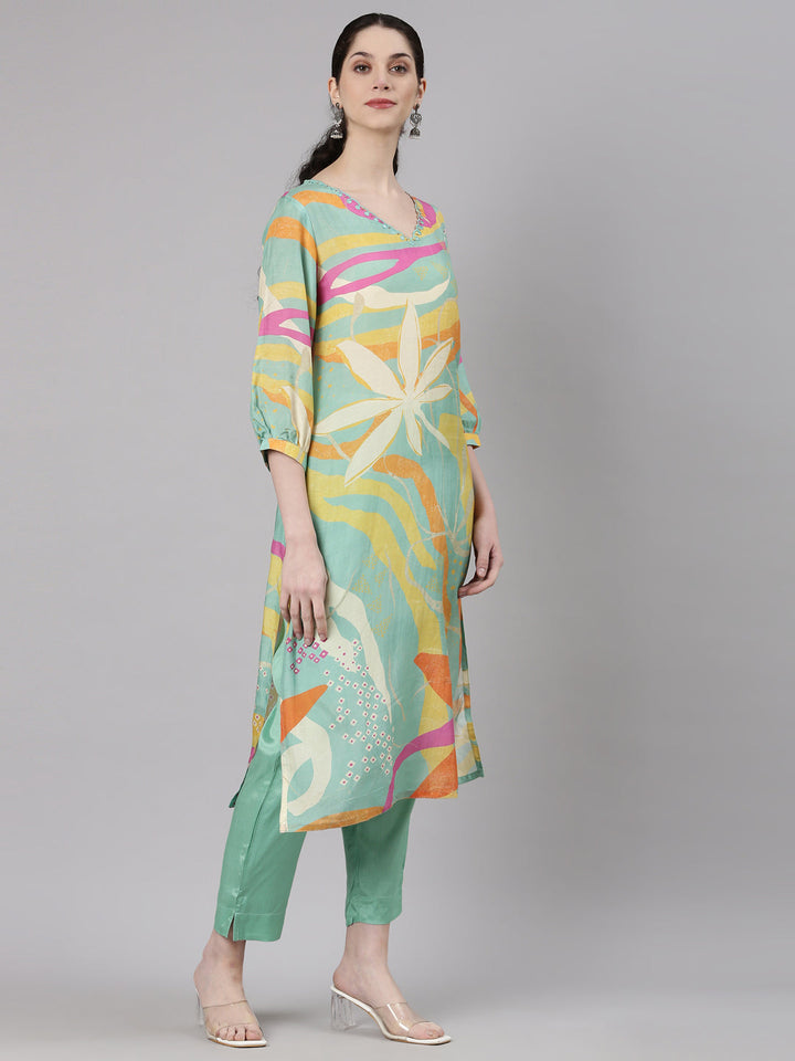 Neerus Blue muslin printed kurta set - side view
