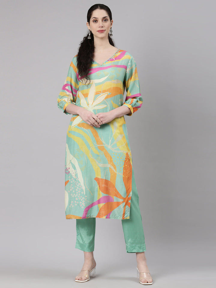 Neerus Blue muslin printed kurta set - detail view 3
