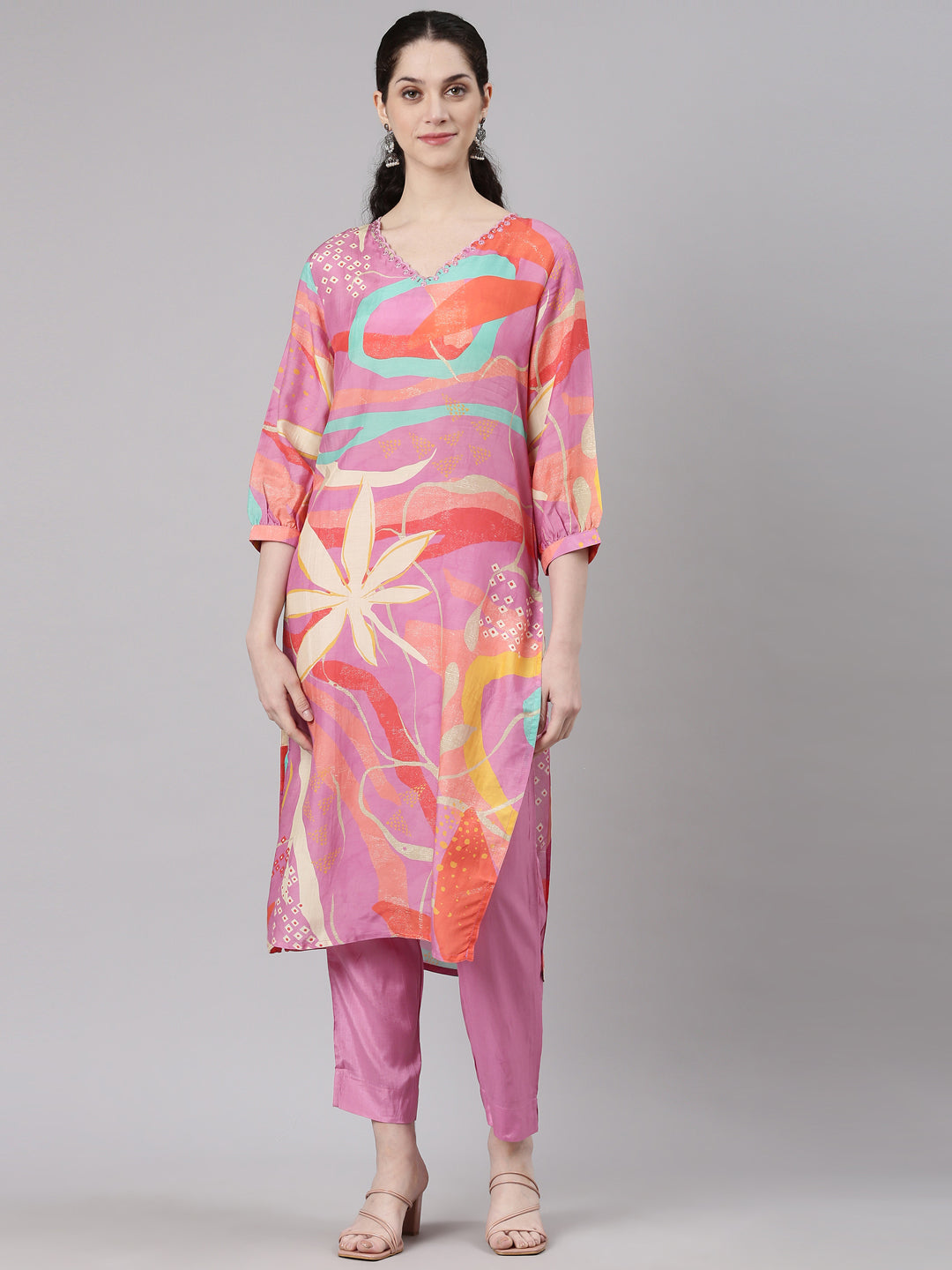 Neerus Pink muslin printed kurta set with trouser - front view