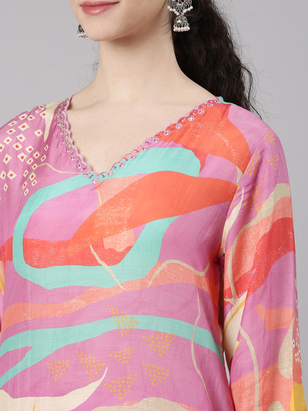 Neerus Pink muslin printed kurta set with trouser - detail view 2
