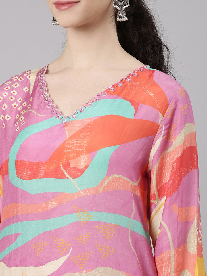 Neerus Pink muslin printed kurta set with trouser - detail view 2