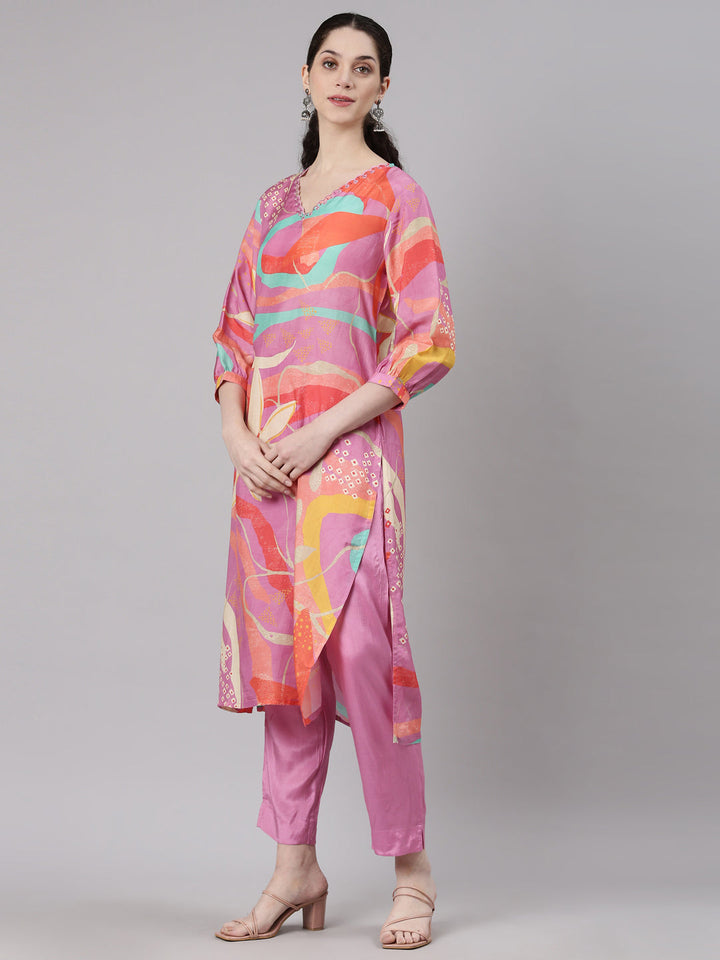 Neerus Pink muslin printed kurta set with trouser - back view