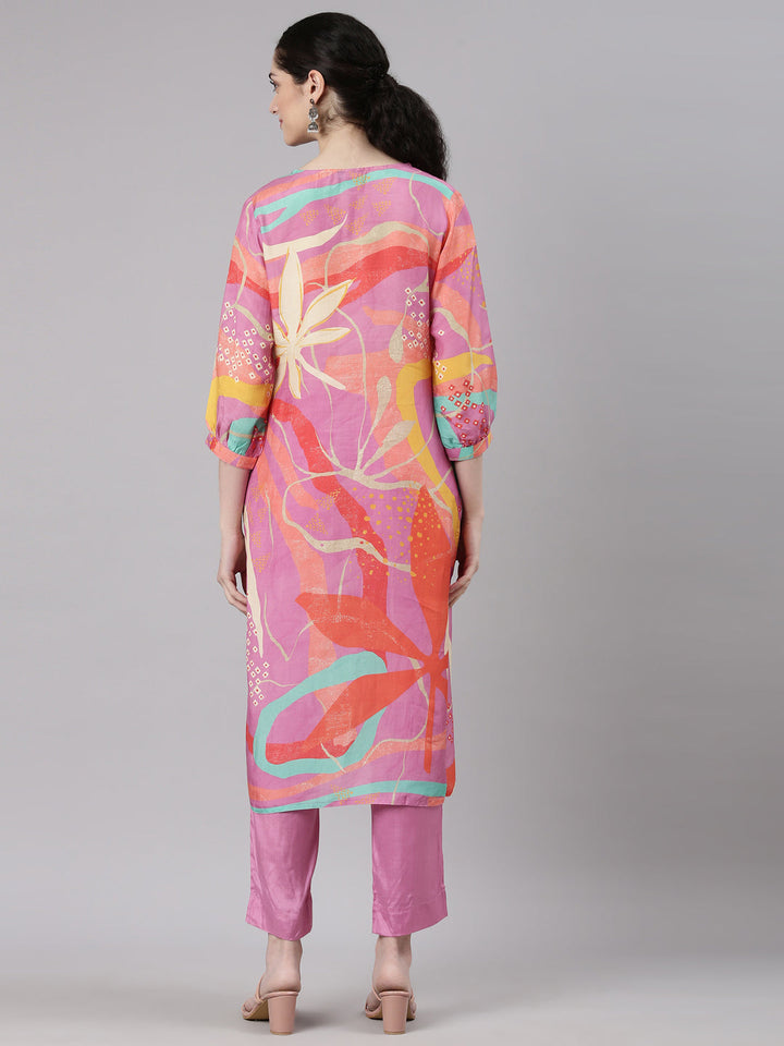 Neerus Pink muslin printed kurta set with trouser - detail view 1