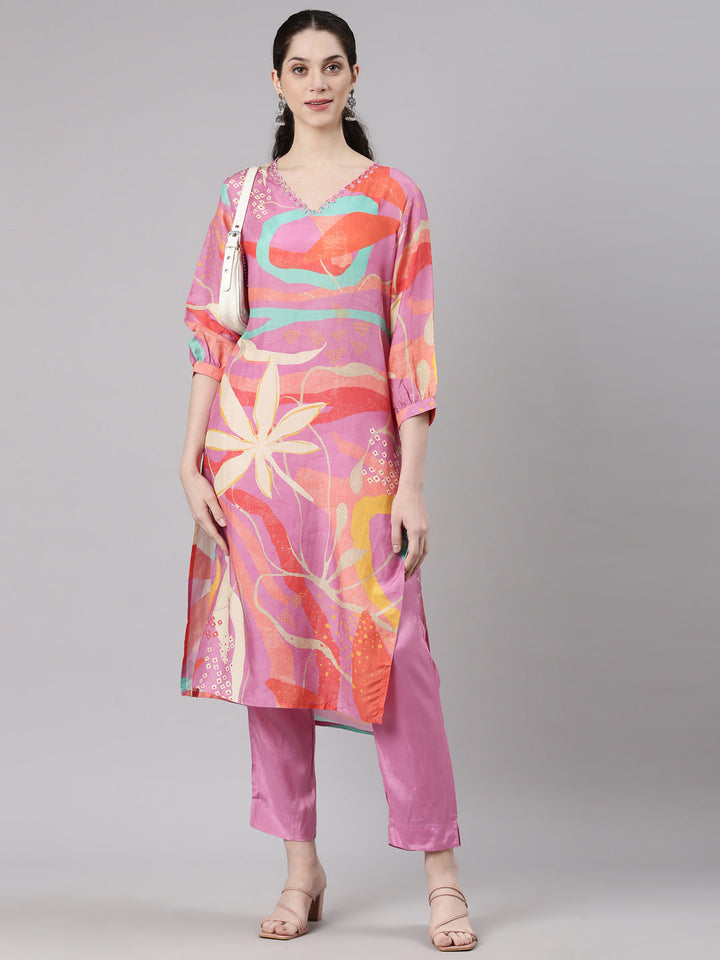 Neerus Pink muslin printed kurta set with trouser - detail view 3