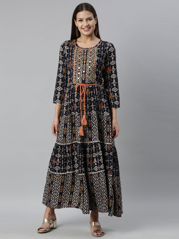 Neerus Blue rayon straight kurta - front view