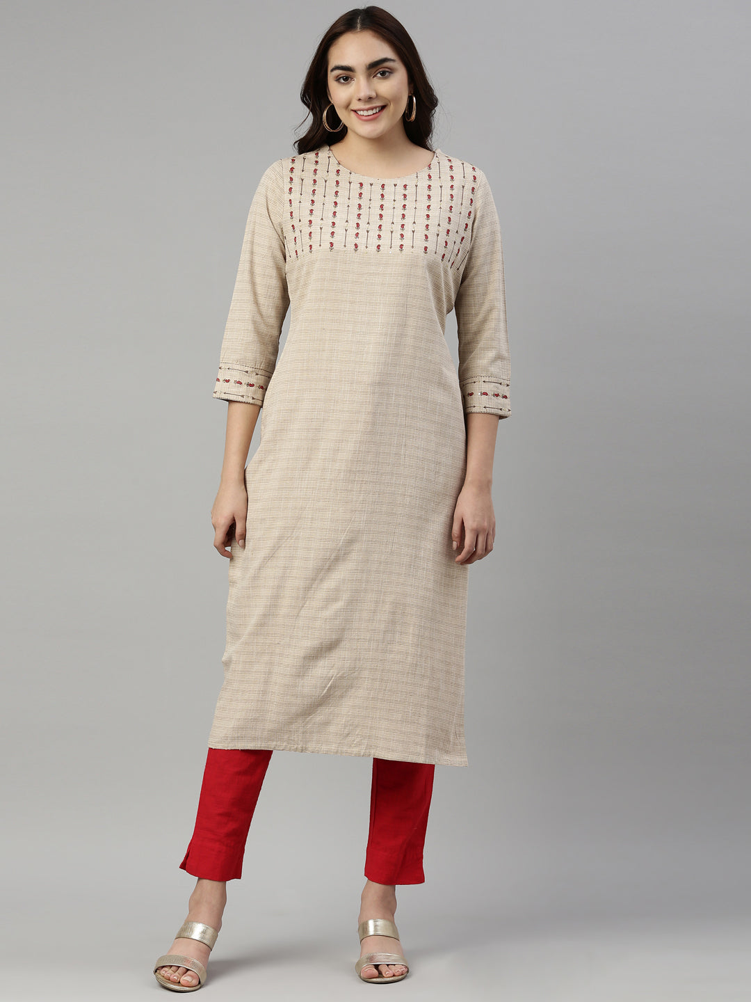 Neerus Beige cotton solid kurti - front view