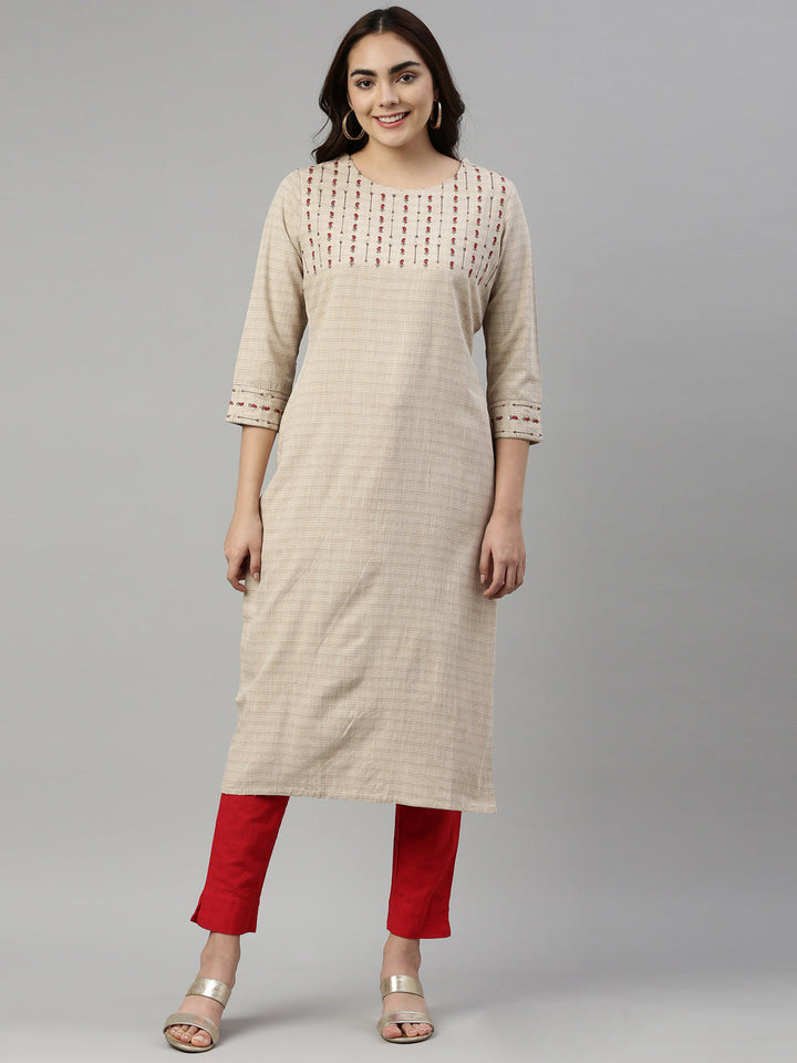 Neerus Beige cotton solid kurti - front view