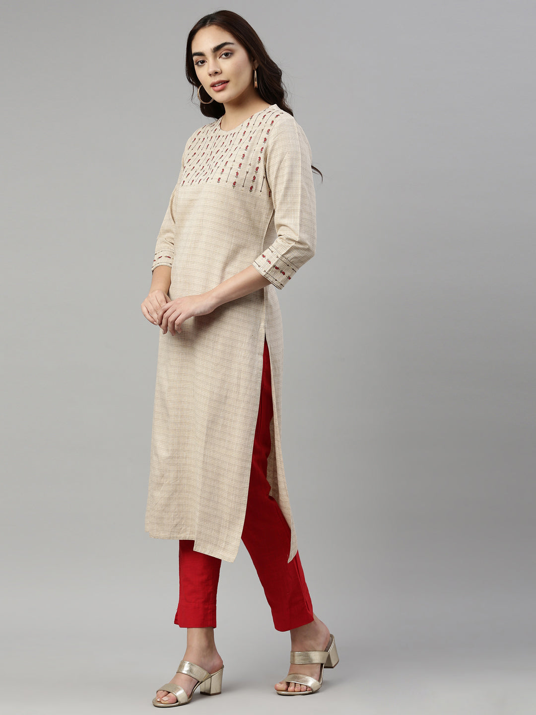 Neerus Beige cotton solid kurti - side view