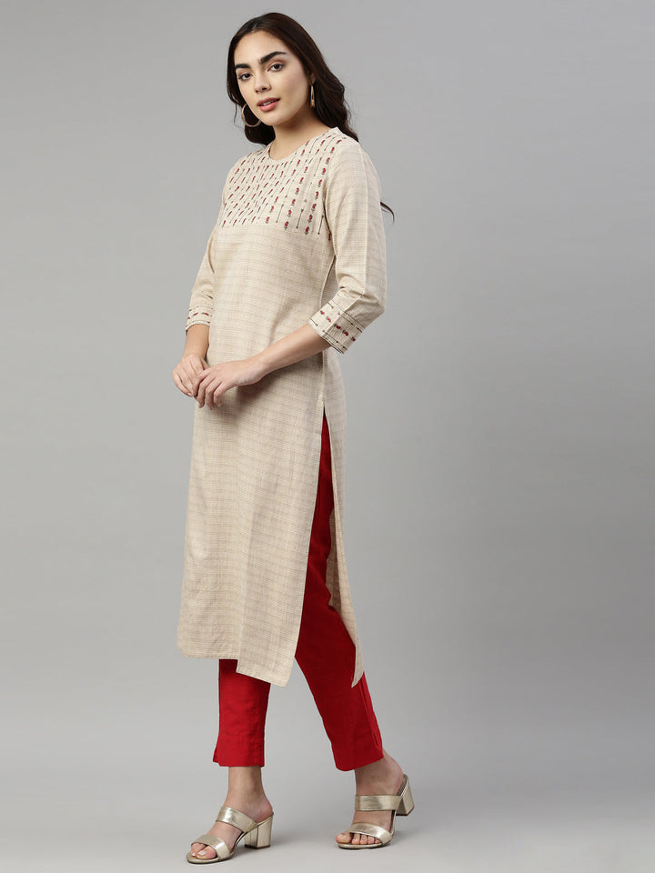 Neerus Beige cotton solid kurti - side view