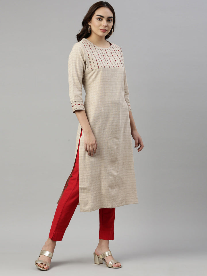 Neerus Beige cotton solid kurti - detail view 1