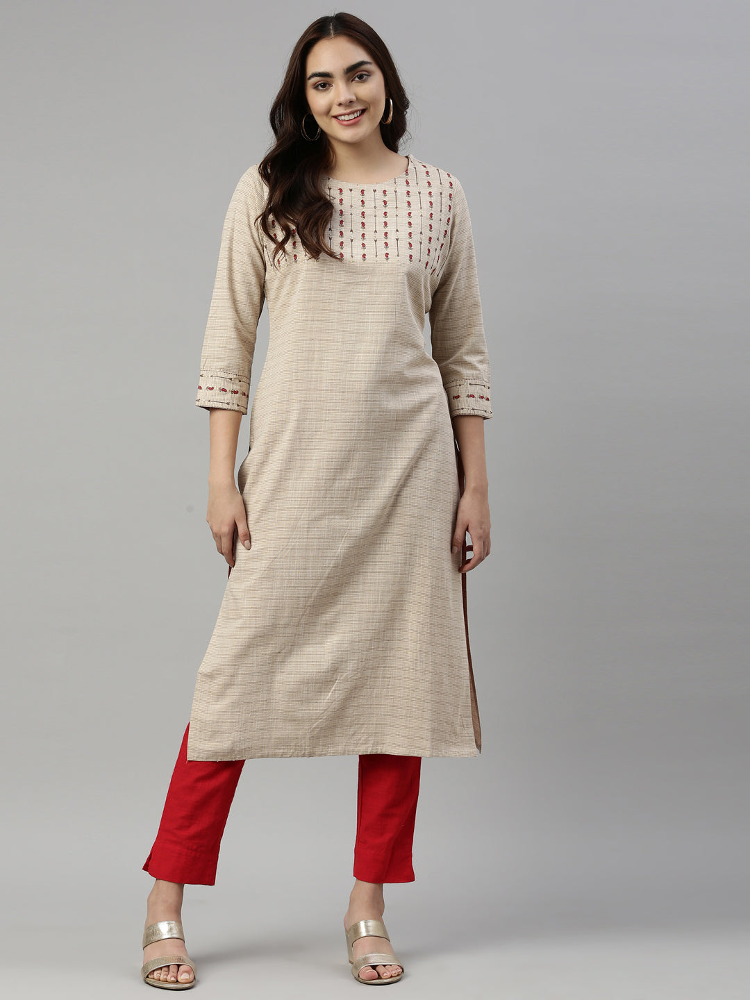 Neerus Beige cotton solid kurti - detail view 3