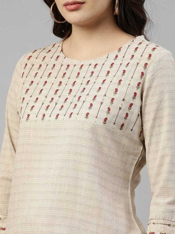 Neerus Beige cotton solid kurti - detail view 5