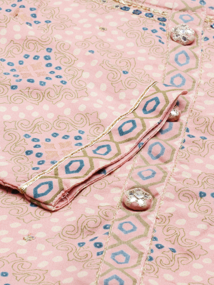 Neerus Pink viscose rayon printed kurti - detail view 4