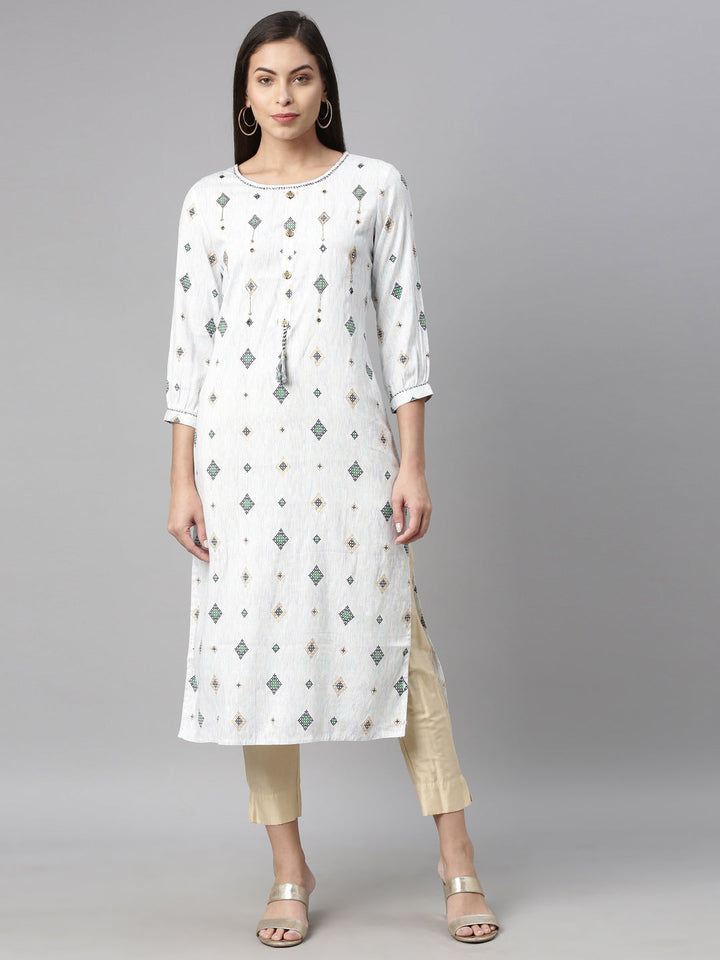 Neerus Blue Viscose Rayon Printed Kurti Geometric Straight - front view