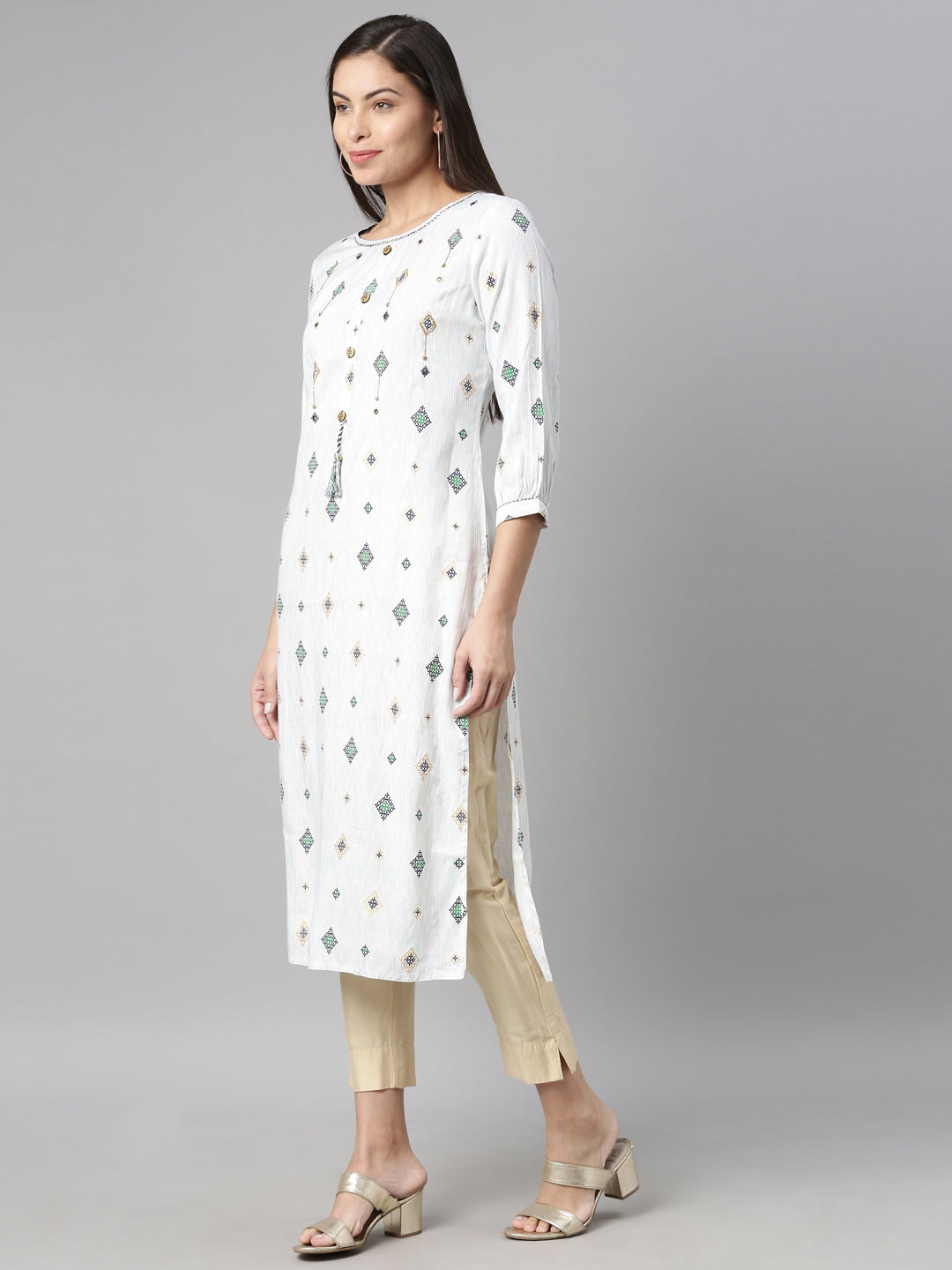 Neerus Blue Viscose Rayon Printed Kurti Geometric Straight - side view