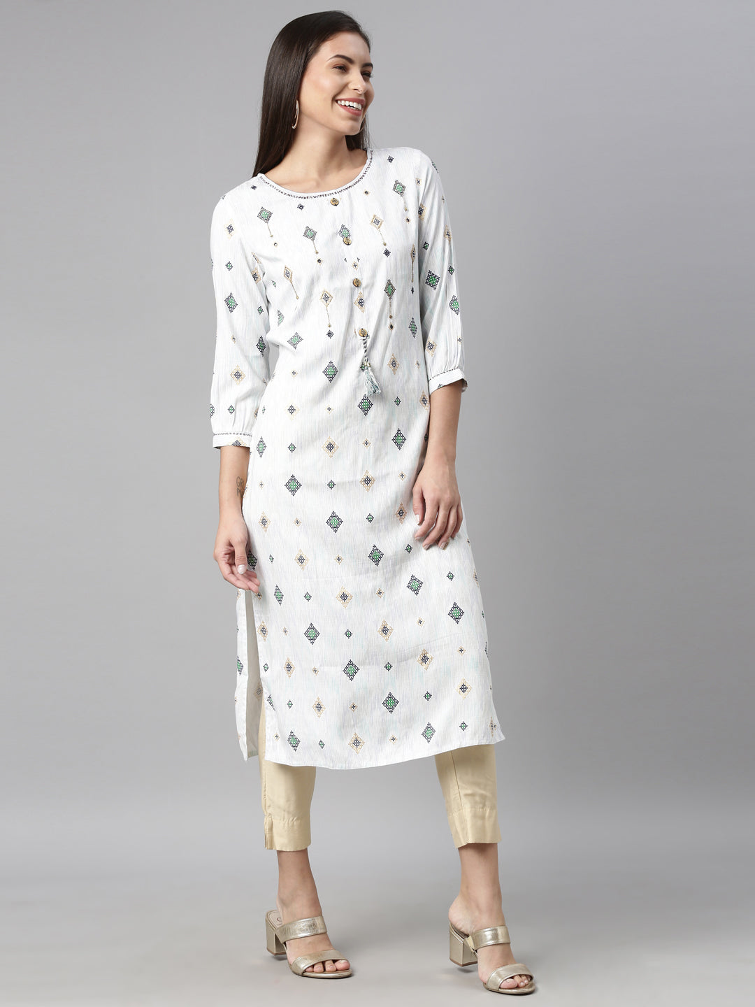 Neerus Blue Viscose Rayon Printed Kurti Geometric Straight - detail view 1