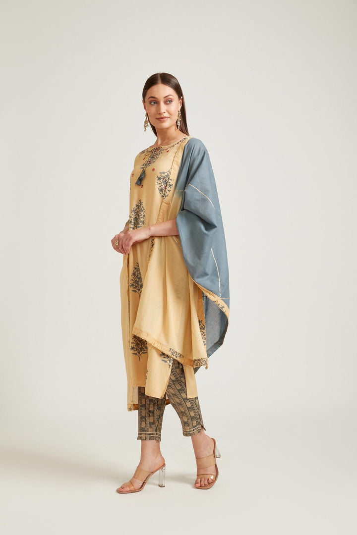 Neerus Yellow viscose rayon straight kurta set - front view