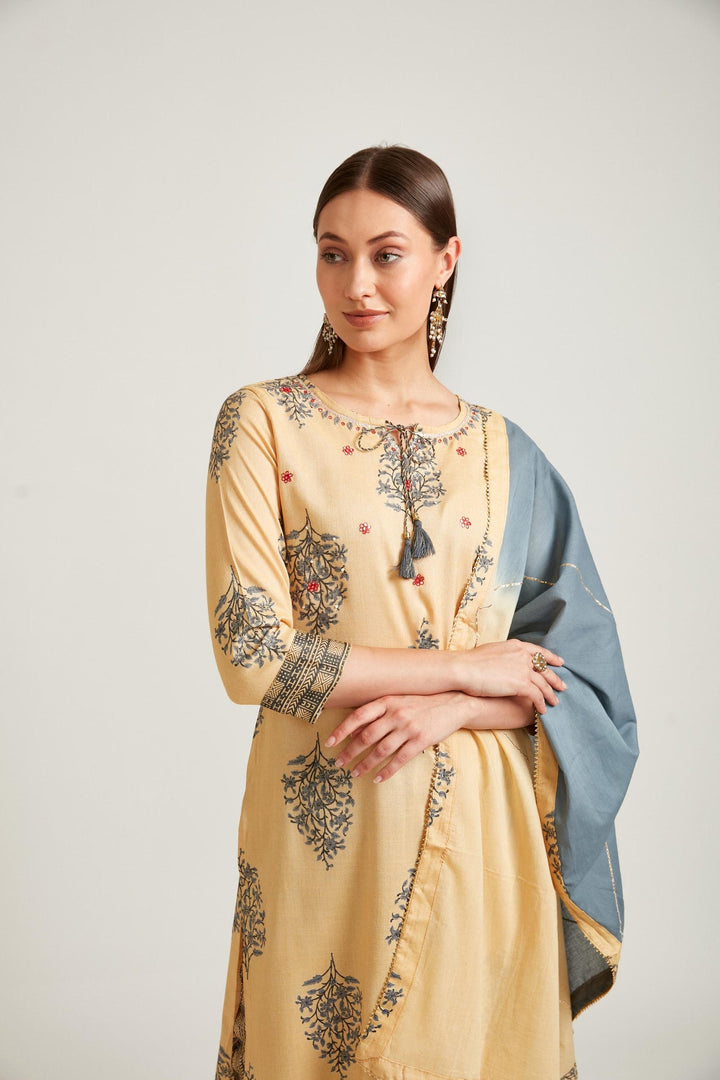 Neerus Yellow viscose rayon straight kurta set - side view