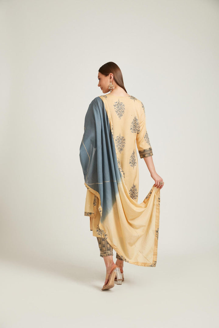 Neerus Yellow viscose rayon straight kurta set - detail view 1