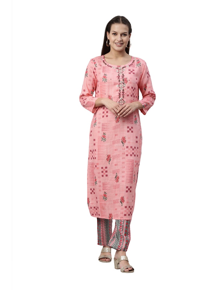 Neerus Pink rayon straight kurta set - front view