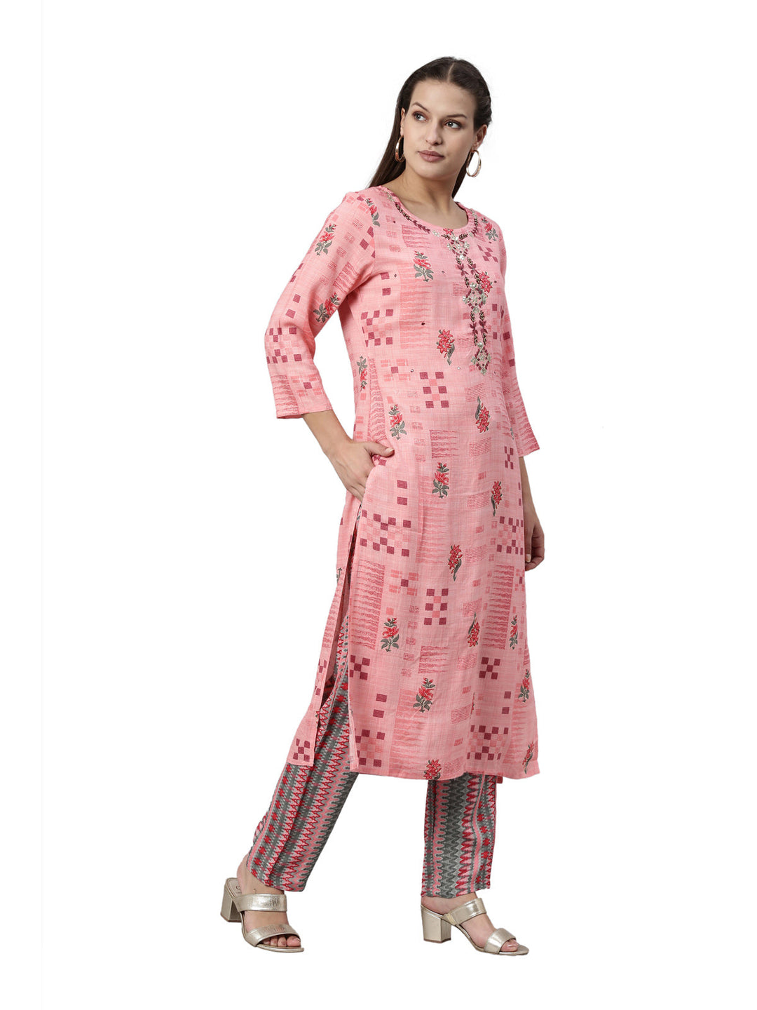 Neerus Pink rayon straight kurta set - detail view 1