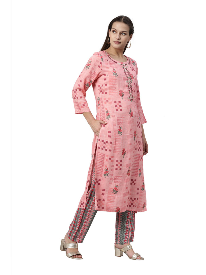 Neerus Pink rayon straight kurta set - detail view 1