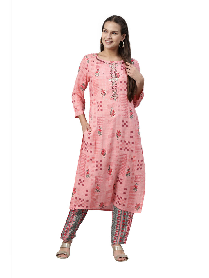 Neerus Pink rayon straight kurta set - detail view 3