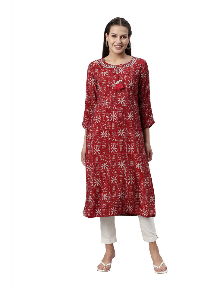 Neerus Maroon rayon solid kurti - front view