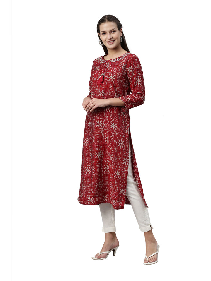 Neerus Maroon rayon solid kurti - side view