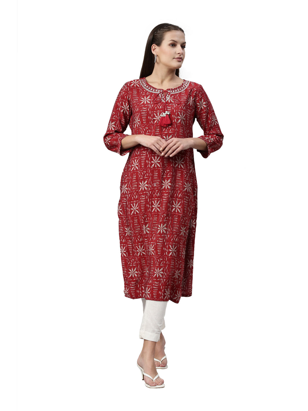 Neerus Maroon rayon solid kurti - detail view 3