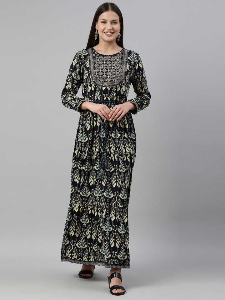 Neerus Blue rayon solid kurta - front view