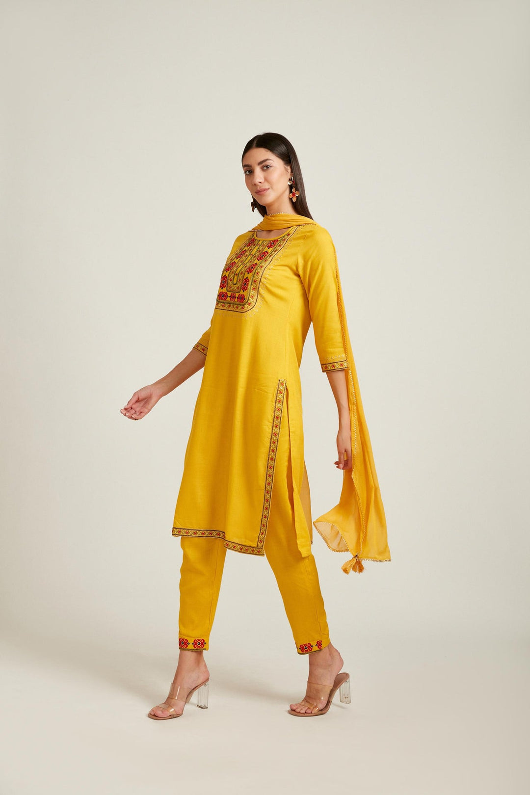 Neerus Yellow rayon straight kurta set - back view