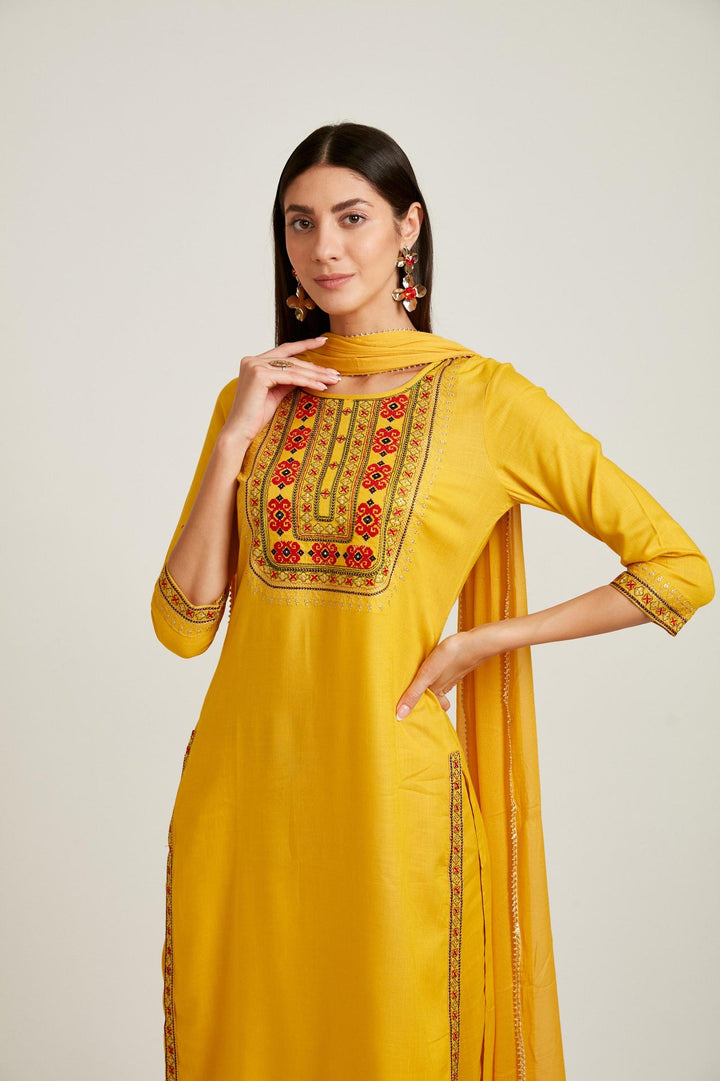 Neerus Yellow rayon straight kurta set - detail view 1