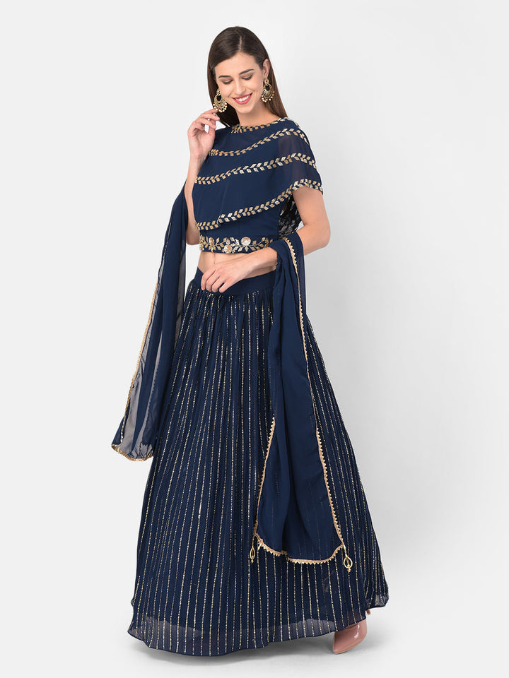 Neerus Blue Georgette Embellished Lehenga Set - front view
