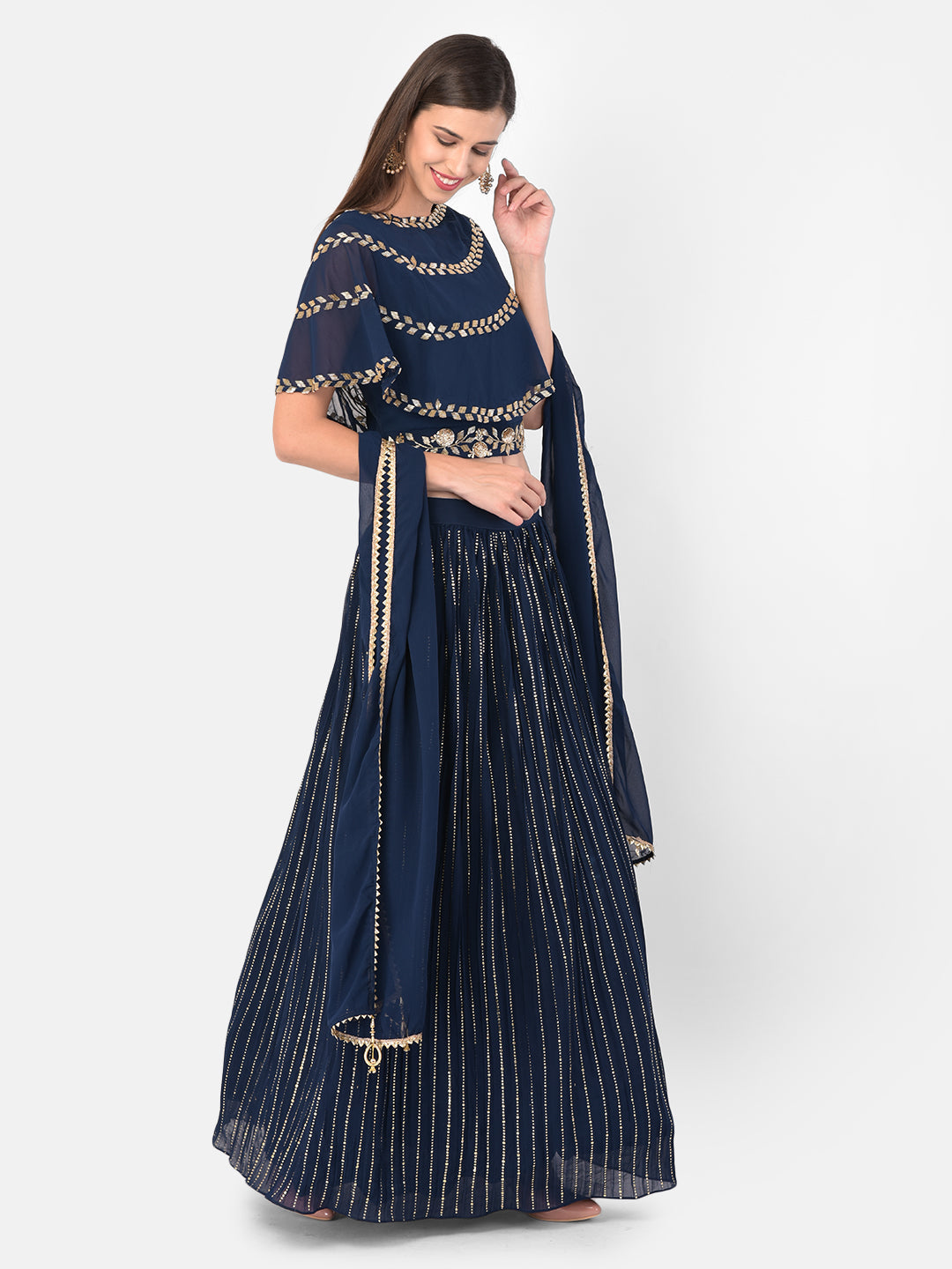 Neerus Blue Georgette Embellished Lehenga Set - back view