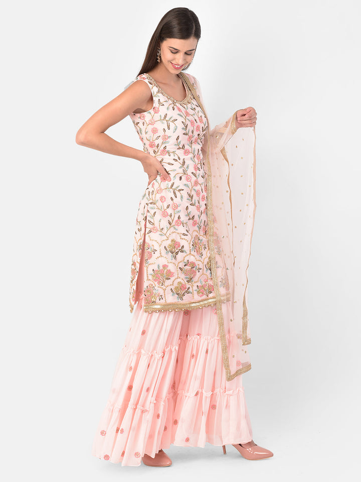 Neerus Pink georgette embroidered sharara set - back view
