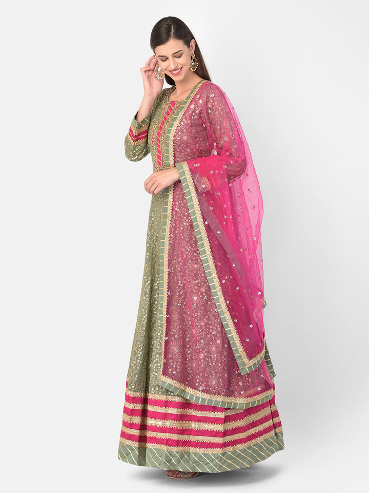 Neerus Green Georgette Maxi Gown - front view
