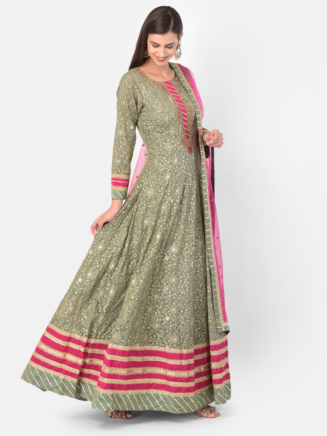 Neerus Green Georgette Maxi Gown - back view